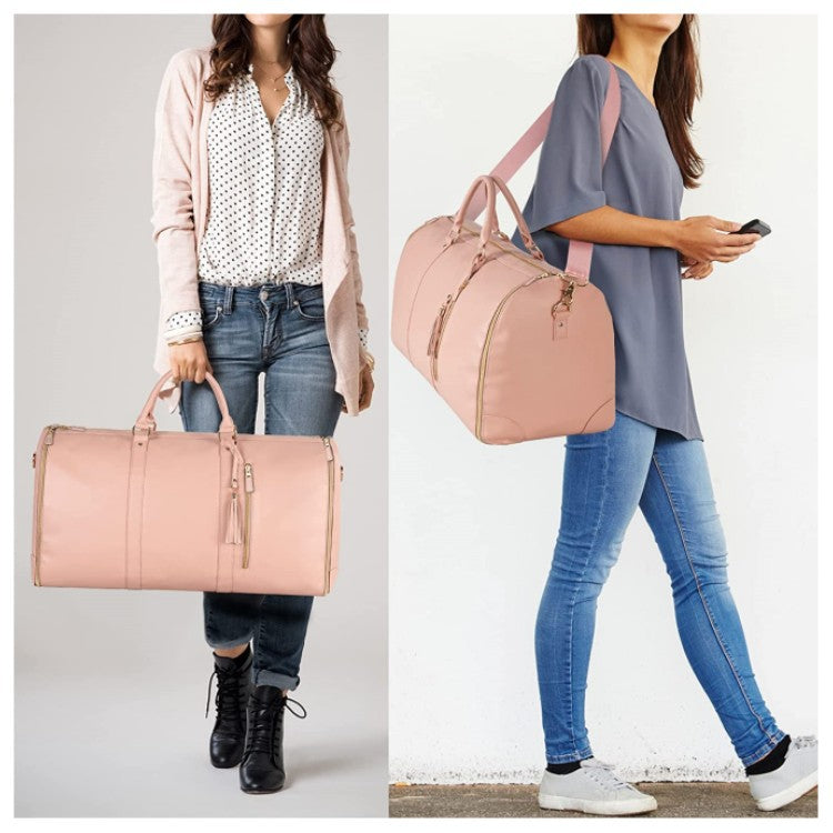 Two supplier photographs showing the Blush and Champagne bag carried by the top handles and worn over the shoulder.