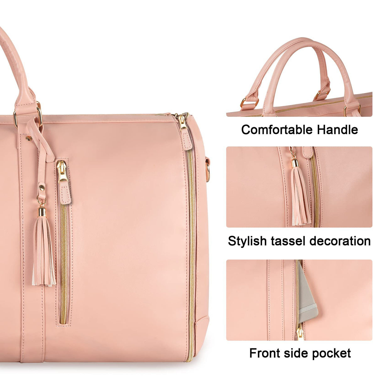 Close-up supplier photographs of the Blush and Champagne bag showing the vegan leather finish, handles, tassel and front zip pocket.