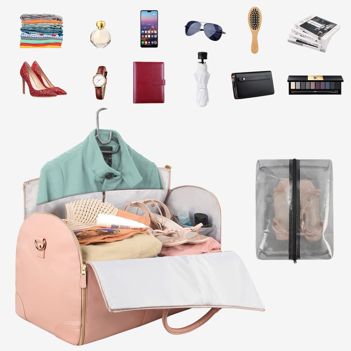Blush and Champagne garment duffel open with clothing and travel essentials arranged inside; supplier packing illustration. Styling items and accessories shown are not a list of included products.