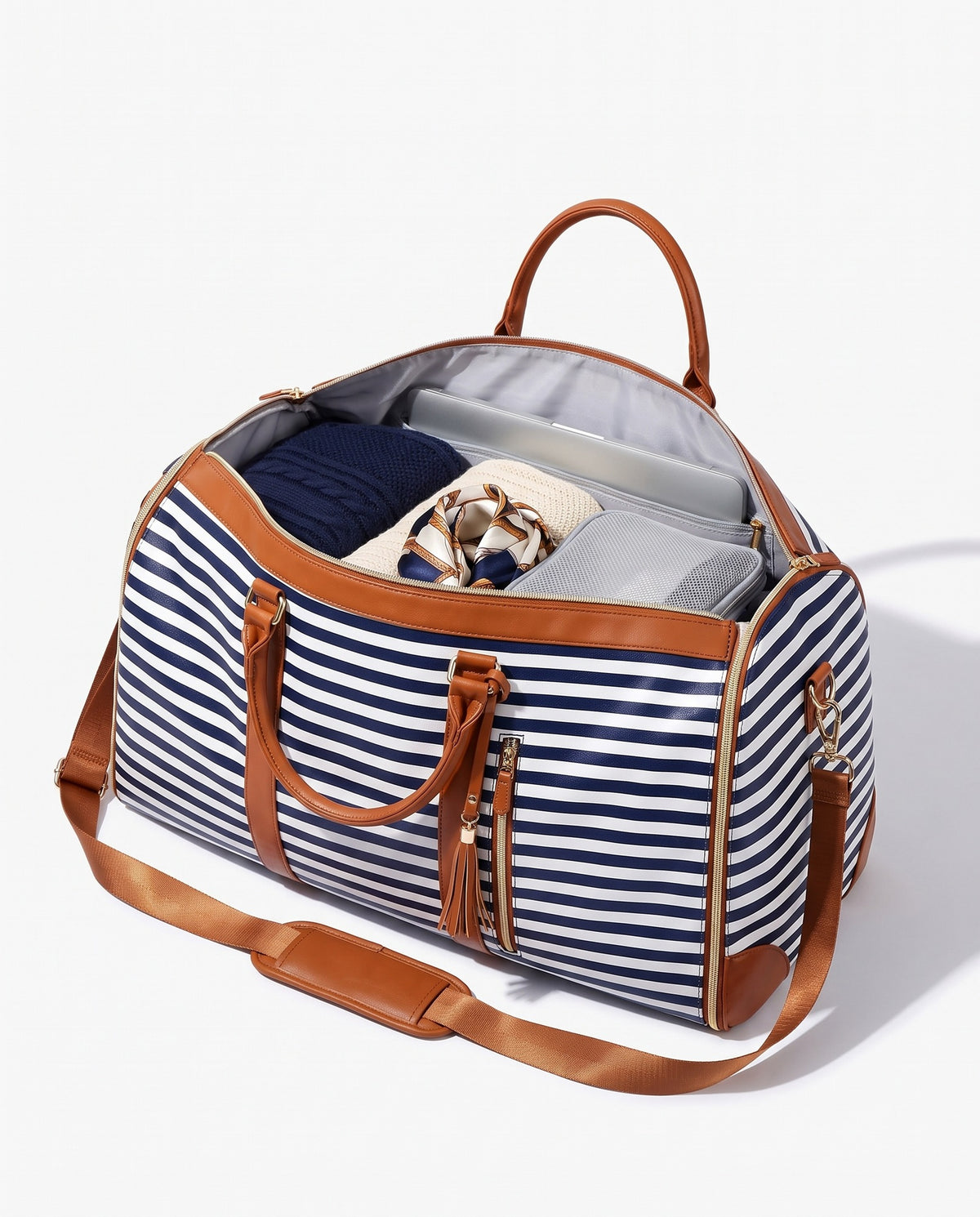 The OneBag in French Riviera — packed interior; contents shown for styling.