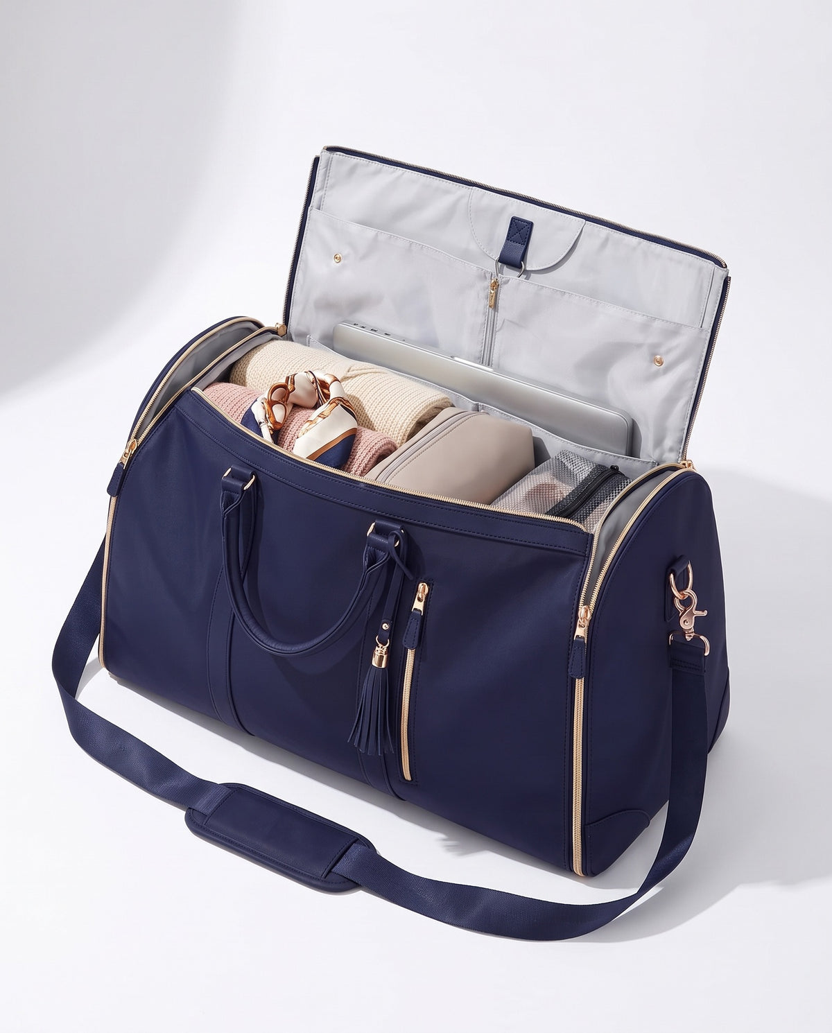 The OneBag in Midnight in Paris — packed interior; contents shown for styling.